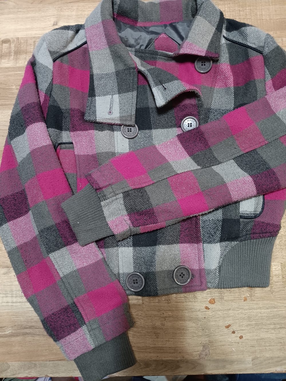 Girls Plaid Knit Button-Front Jacket - Pink & Gray C. Magic SZ M